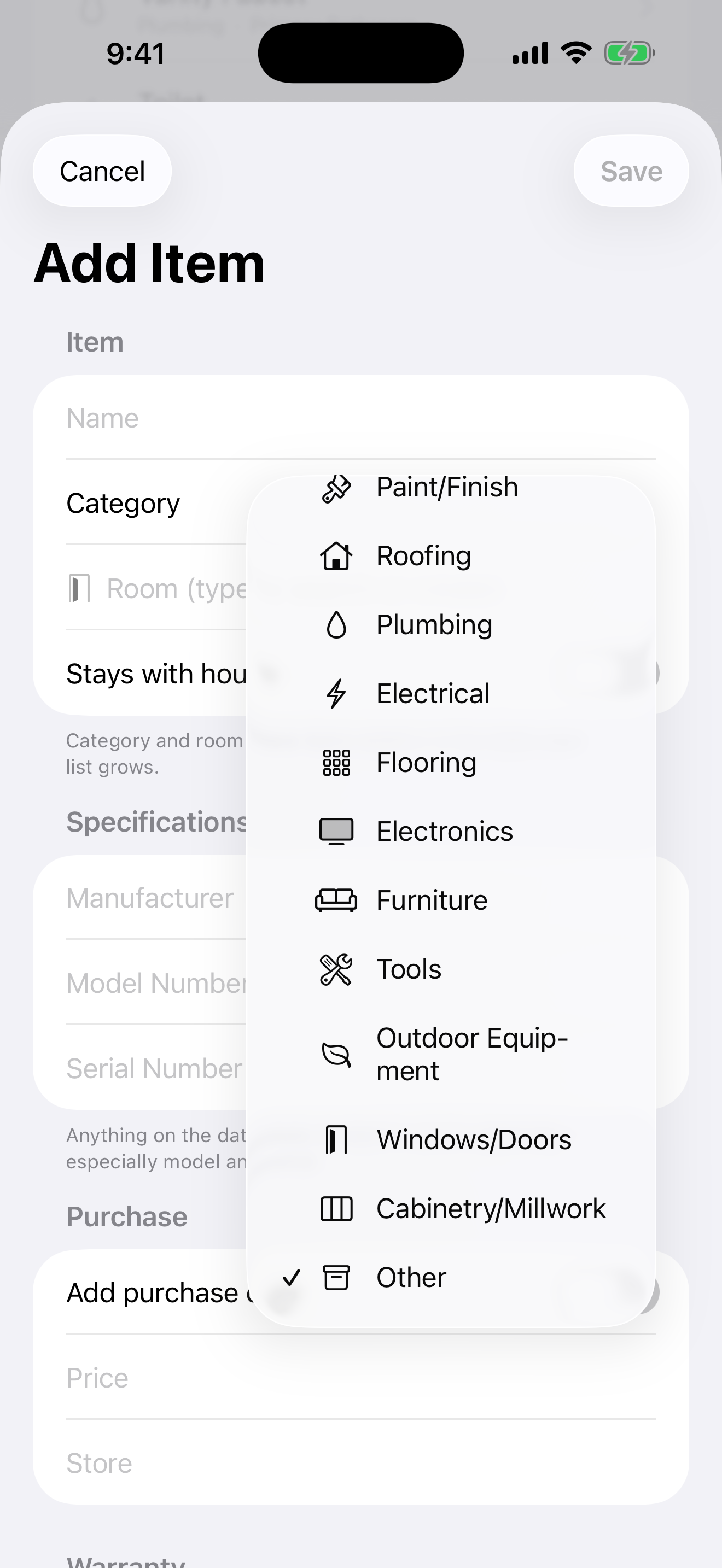 Add item screen with category fields