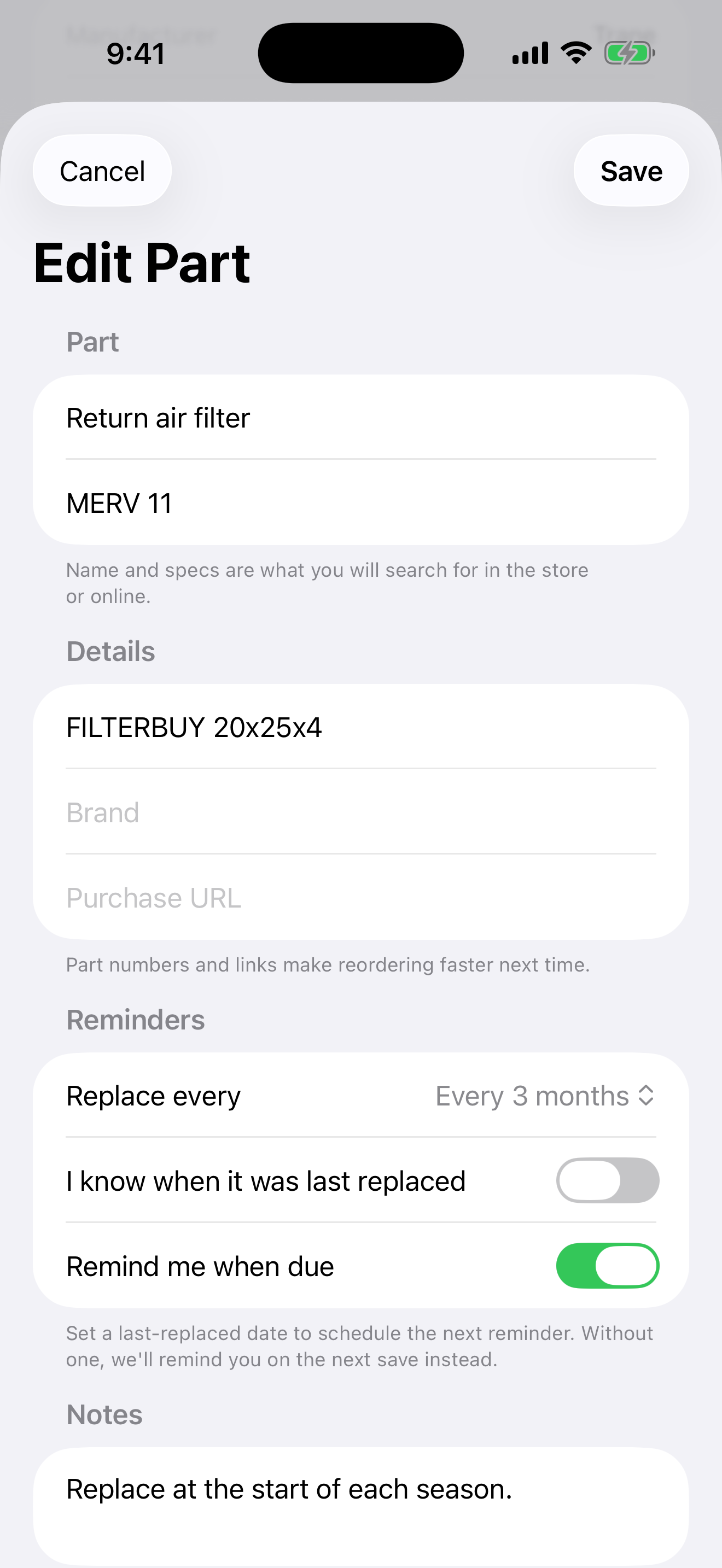 Maintenance part with specs